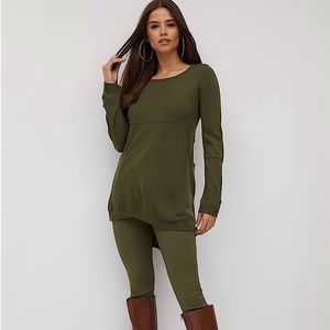 Button-back detail  Front-Pocket Tunic Sweater olive color